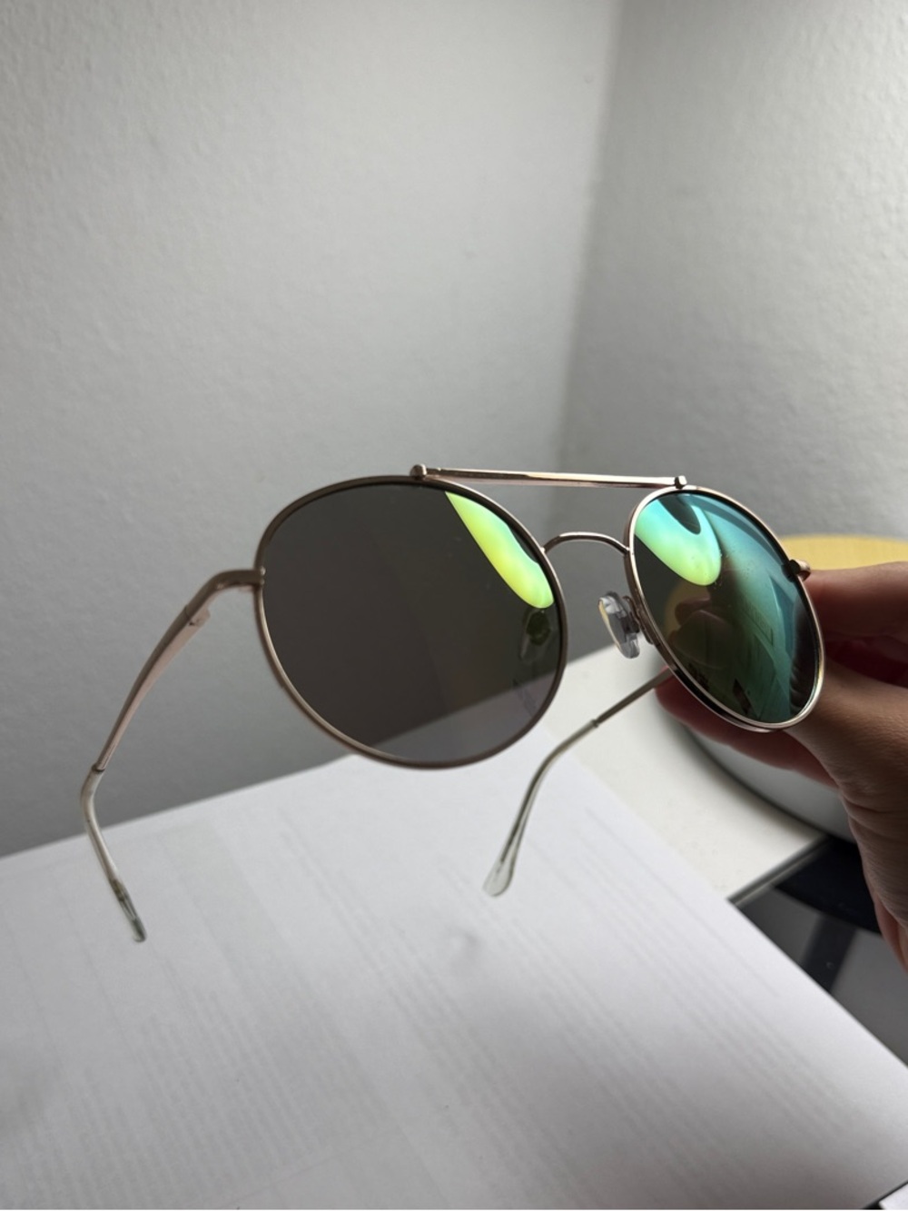 Aviator Mirrored Sunglasses - Gold Frame, Green-Blue Lenses